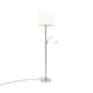 Klasická stojací lampa z oceli s bílým stínidlem a světlem na čtení – Retro