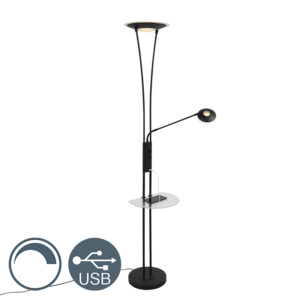 Stojací lampa černá s čtecím ramenem včetně LED a USB portu - Sevilla
