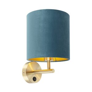 Elegantní nástěnná lampa zlatá s odstínem modrého sametu – Matt