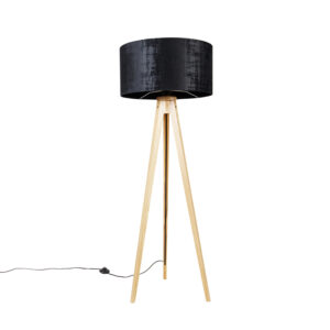 Stojací lampa dřevěná s látkovým stínidlem černá 50 cm - Tripod Classic
