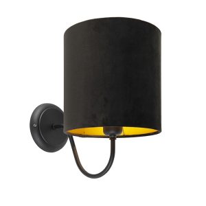 Klasická nástěnná lampa černá s černým velurovým odstínem - Matt