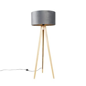 Stojací lampa dřevěná s látkovým odstínem šedá 50 cm – Tripod Classi