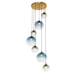 Art Deco Závěsná lampa mosazná s modrým sklem kulatá 7-světelná – Sandra