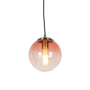 Art deco závěsná lampa mosaz s růžovým sklem 20 cm – Pallon