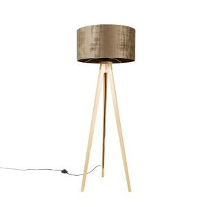 Stojací lampa dřevěná s látkovým stínidlem hnědá 50 cm – Tripod Classic
