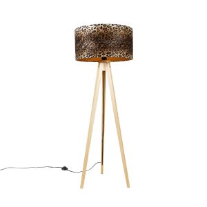 Moderní stojací lampa ze dřeva, leopardí stínidlo 50 cm – stativ Classic