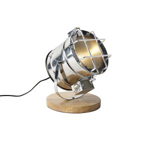 Průmyslová stolní lampa ocelová se dřevem nastavitelná – Lesklá
